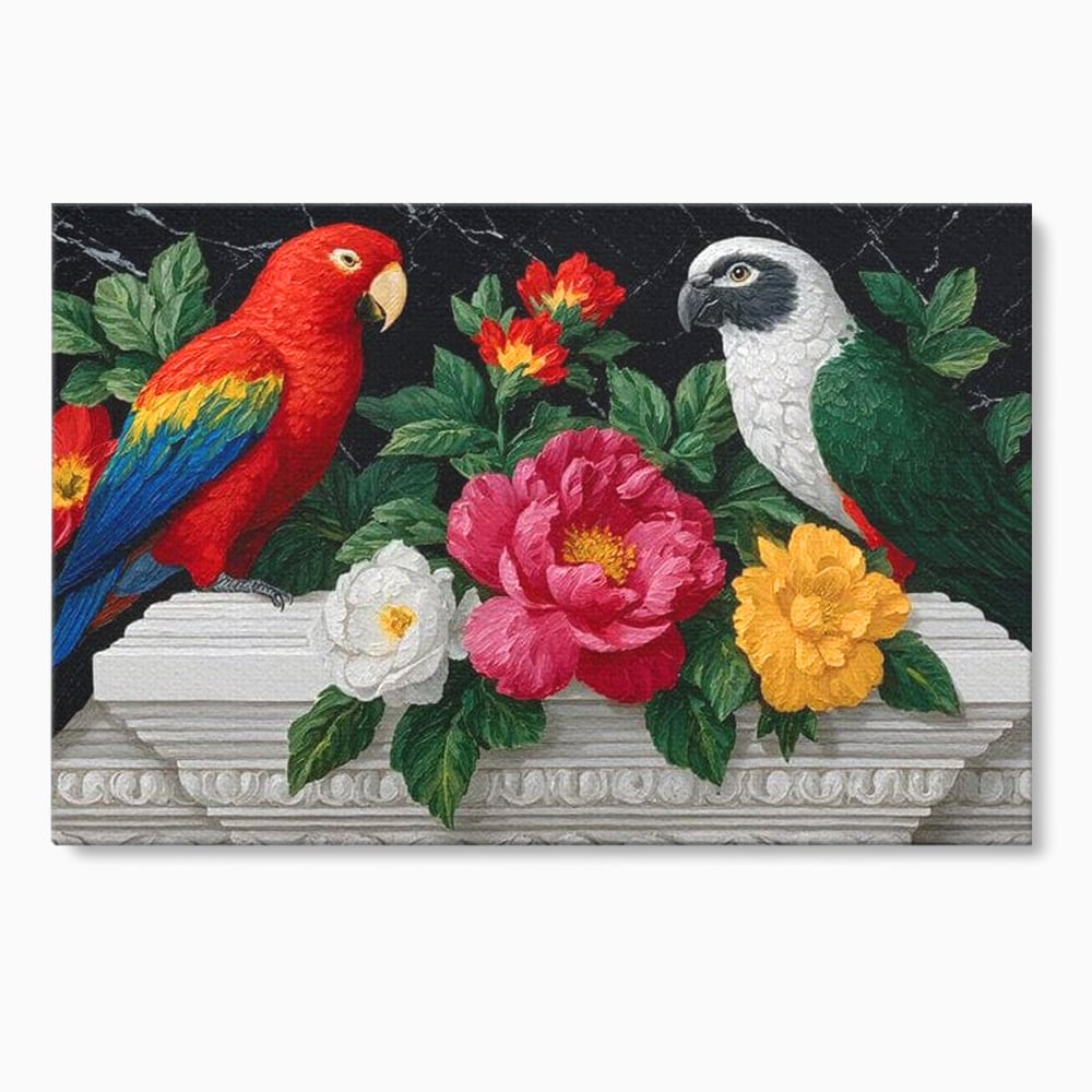 Tablou canvas cu pictura cu papagali si flori, fara rama, pe sasiu de lemn